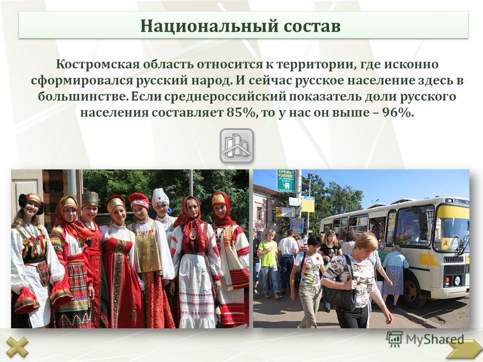 Национальный состав Костромская область относится к территории, где исконно сформировался русский народ. И сейчас русское население здесь в большинстве. Если среднероссийский показатель доли русского населения составляет 85%, то у нас он выше – 96%.