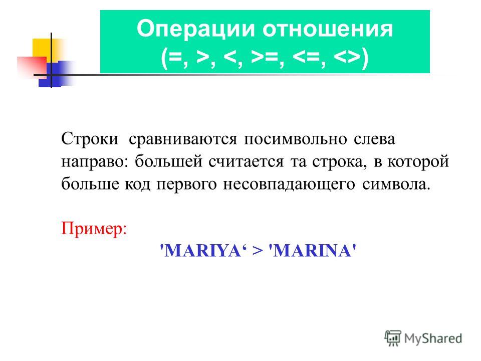 Операции отношения (=, >, =, ) Строки сравниваются посимвольно слева направо: большей считается та строка, в которой больше код первого несовпадающего символа. Пример: 'MARIYA > 'MARINA'