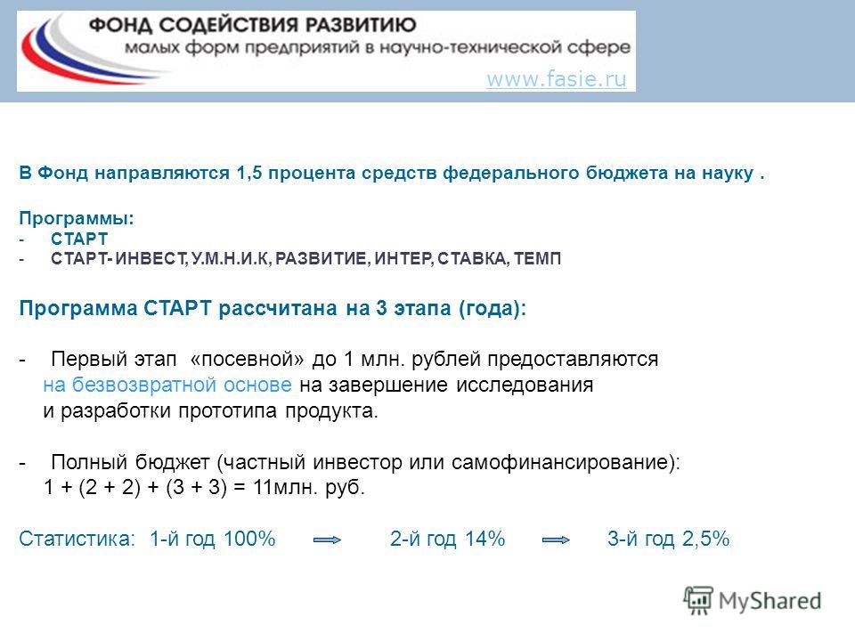 В Фонд направляются 1,5 процента средств федерального бюджета на науку. Программы: -СТАРТ -СТАРТ- ИНВЕСТ, У.М.Н.И.К, РАЗВИТИЕ, ИНТЕР, СТАВКА, ТЕМП Программа СТАРТ рассчитана на 3 этапа (года): -Первый этап «посевной» до 1 млн. рублей предоставляются 