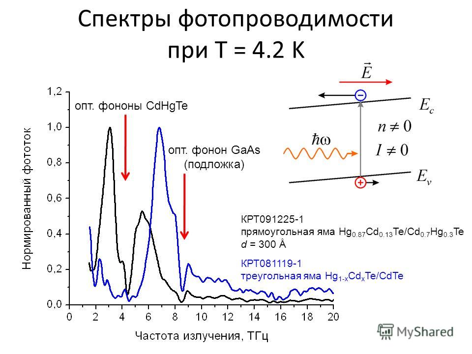 Спектры фотопроводимости при T = 4.2 K КРТ091225-1 прямоугольная яма Hg 0.87 Cd 0.13 Te/Cd 0.7 Hg 0.3 Te d = 300 Å КРТ081119-1 треугольная яма Hg 1-x Cd x Te/CdTe опт. фононы CdHgTe опт. фонон GaAs (подложка)