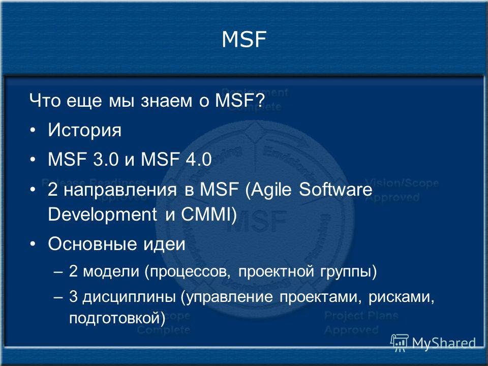 MSF Что еще мы знаем о MSF? История MSF 3.0 и MSF 4.0 2 направления в MSF (Agile Software Development и CMMI) Основные идеи –2 модели (процессов, проектной группы) –3 дисциплины (управление проектами, рисками, подготовкой)