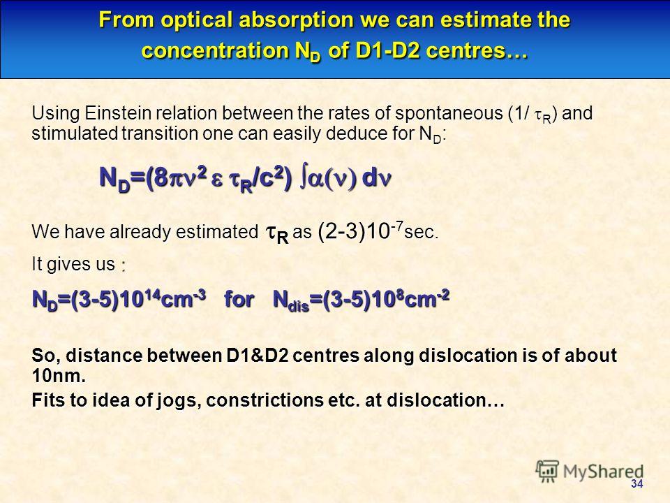 34 From optical absorption we can estimate the concentration N D of D1-D2 centres… Using Einstein relation between the rates of spontaneous (1/ R ) and stimulated transition one can easily deduce for N D : N D =(8 2 R /c 2 ) d N D =(8 2 R /c 2 ) d We