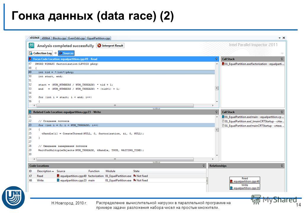 14 Н.Новгород, 2010 г. Распределение вычислительной нагрузки в параллельной программе на примере задачи разложения набора чисел на простые множители. Гонка данных (data race) (2)
