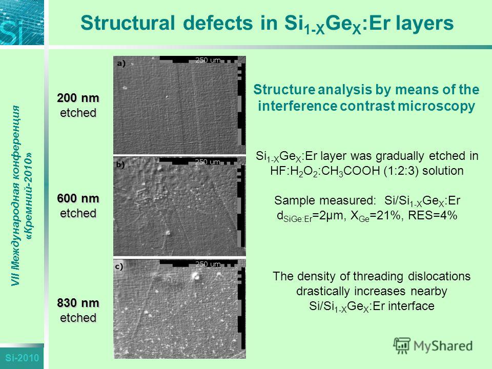 Si-2010 VII Международная конференция «Кремний-2010» Structural defects in Si 1-X Ge X :Er layers Structure analysis by means of the interference contrast microscopy Si 1-X Ge X :Er layer was gradually etched in HF:H 2 O 2 :CH 3 COOH (1:2:3) solution