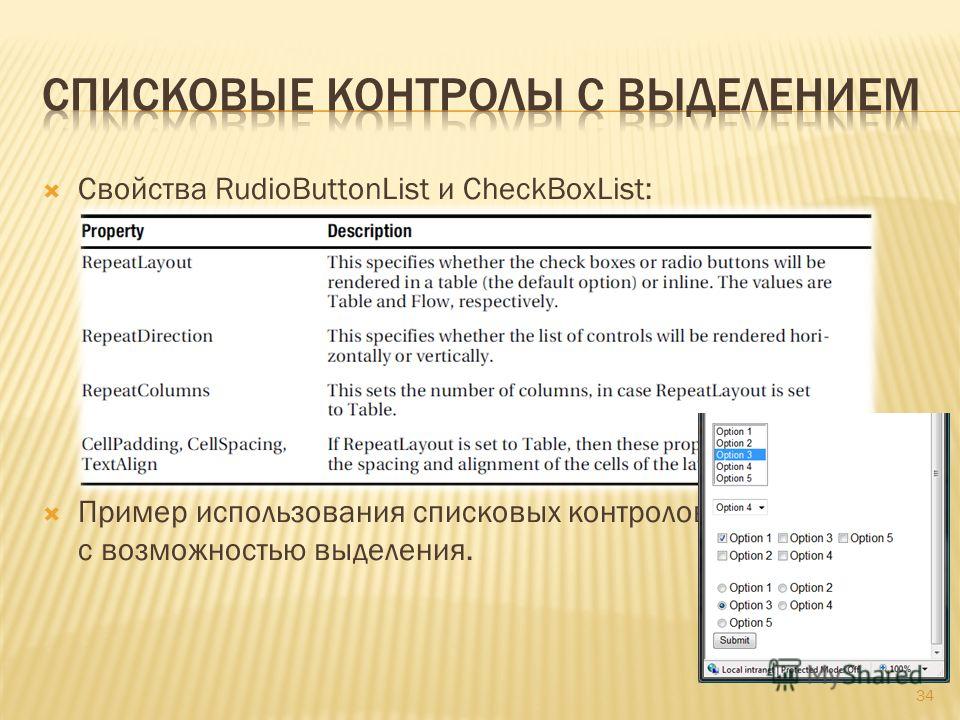 Свойства RudioButtonList и CheckBoxList: Пример использования списковых контролов с возможностью выделения. 34
