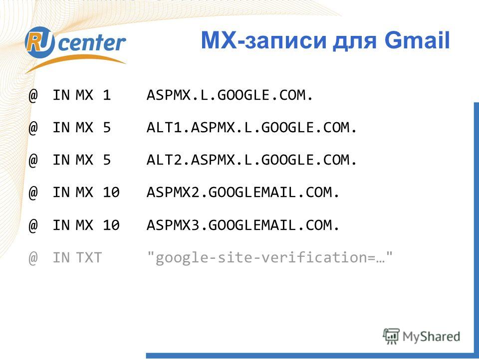 @INMX 1ASPMX.L.GOOGLE.COM. @INMX 5ALT1.ASPMX.L.GOOGLE.COM. @INMX 5ALT2.ASPMX.L.GOOGLE.COM. @INMX 10ASPMX2.GOOGLEMAIL.COM. @INMX 10ASPMX3.GOOGLEMAIL.COM. @INTXTgoogle-site-verification=… MX-записи для Gmail