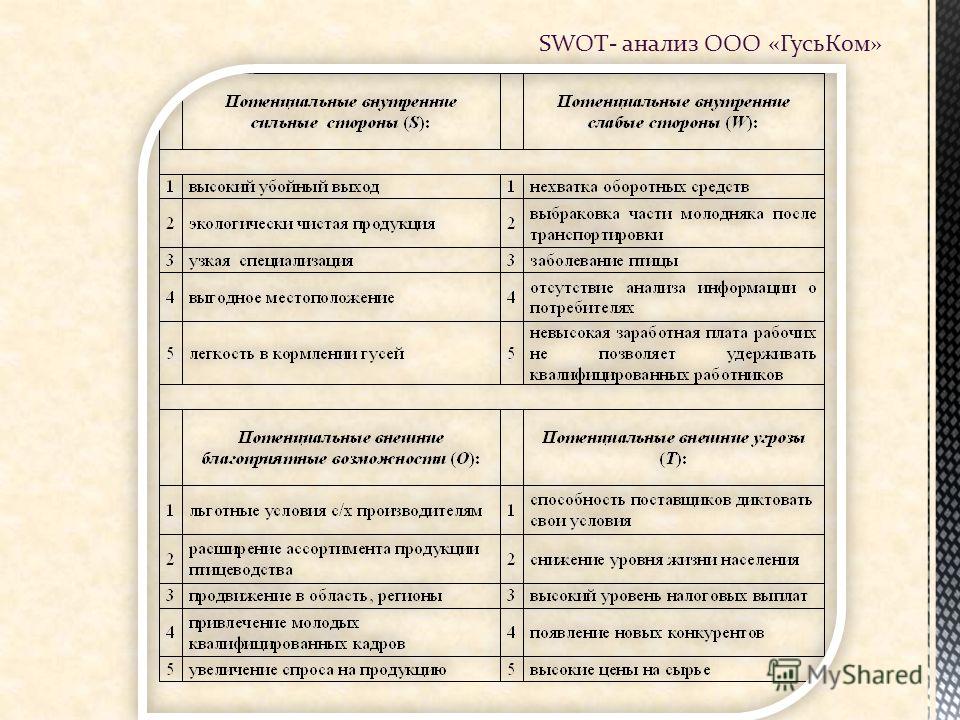 SWOT- анализ ООО «ГусьКом»