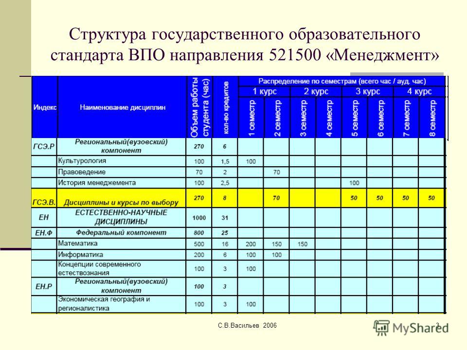 С.В.Васильев 20063 Структура государственного образовательного стандарта ВПО направления 521500 «Менеджмент»