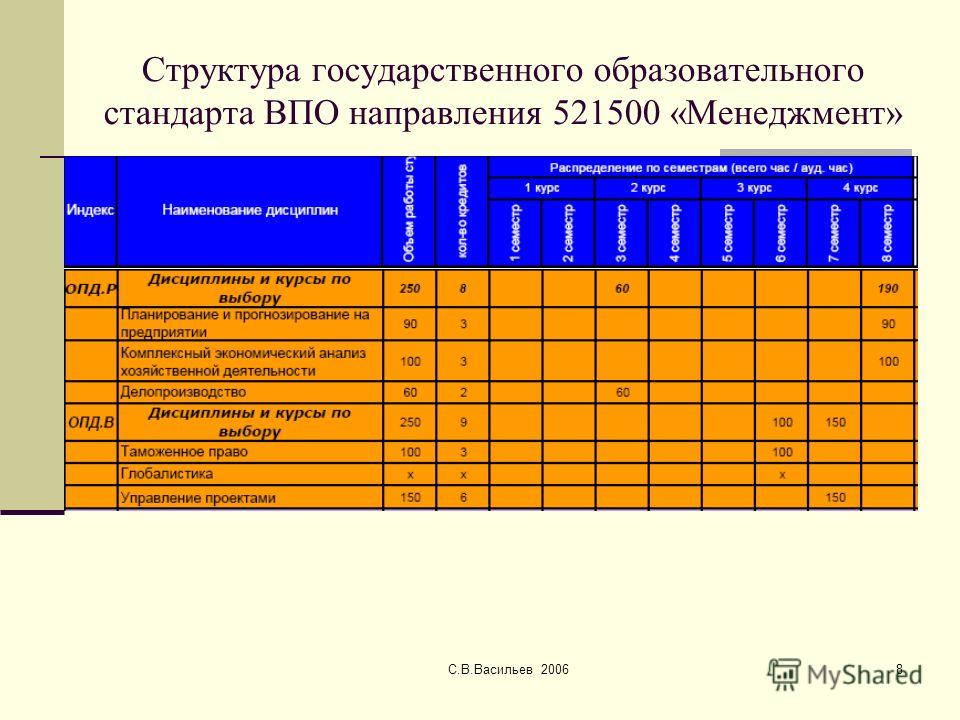 С.В.Васильев 20068 Структура государственного образовательного стандарта ВПО направления 521500 «Менеджмент»