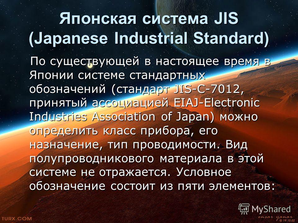 Японская система JIS (Japanese Industrial Standard) По существующей в настоящее время в Японии системе стандартных обозначений (стандарт JIS-C-7012, принятый ассоциацией EIAJ-Electronic Industries Association of Japan) можно определить класс прибора,
