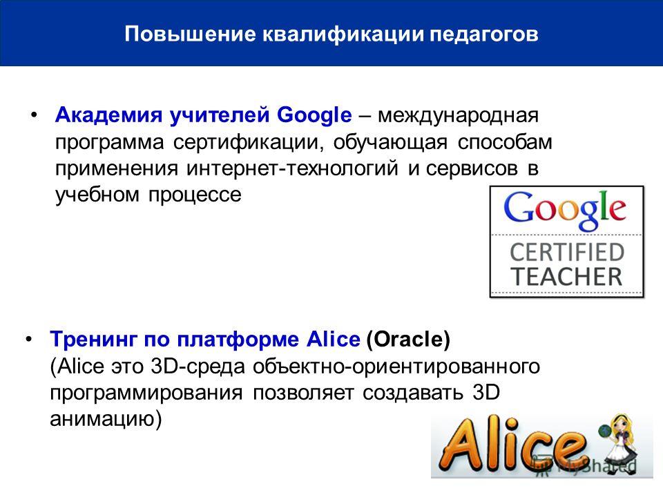 Повышение квалификации педагогов Академия учителей Google – международная программа сертификации, обучающая способам применения интернет-технологий и сервисов в учебном процессе Тренинг по платформе Alice (Oracle) (Alice это 3D-среда объектно-ориенти