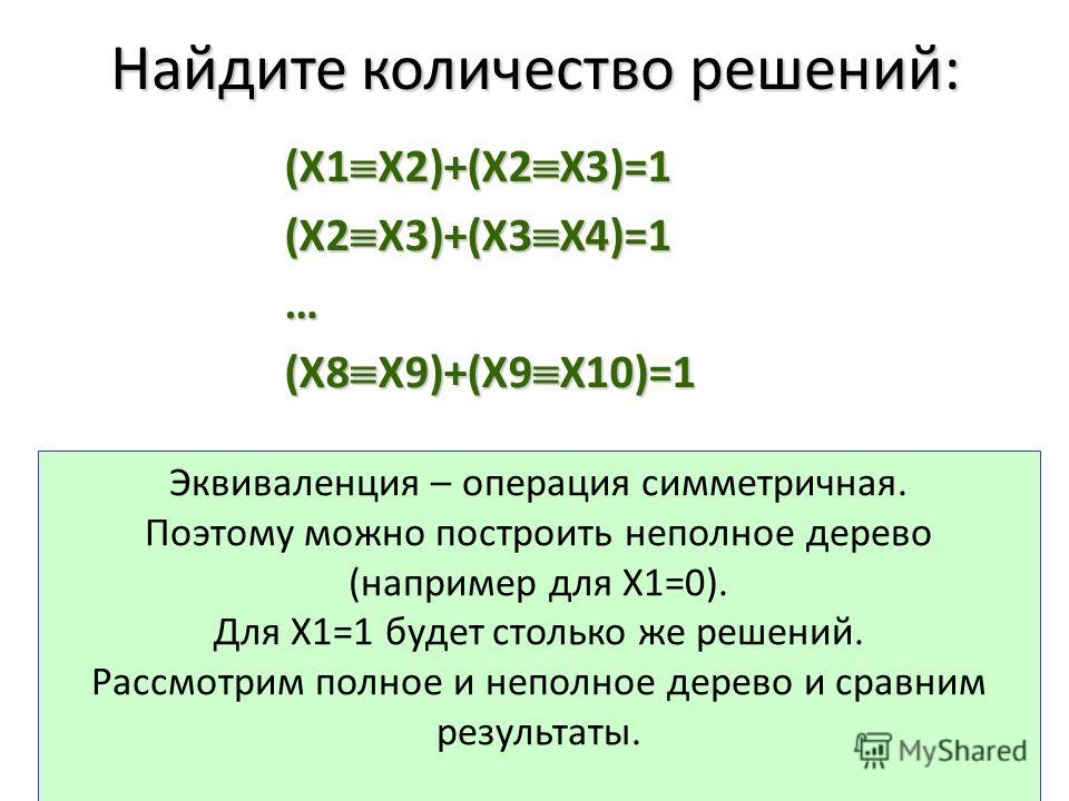 (Х1 Х2)+(Х2 Х3)=1 (Х2 Х3)+(Х3 Х4)=1 … (Х8 Х9)+(Х9 Х10)=1 Эквиваленция – операция симметричная. Поэтому можно построить неполное дерево (например для Х1=0). Для Х1=1 будет столько же решений. Рассмотрим полное и неполное дерево и сравним результаты. Н