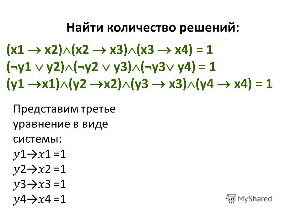 (x1 x2) (x2 x3) (x3 x4) = 1 ¬ ¬ ¬ (¬у1 у2) (¬у2 у3) (¬у3 у4) = 1 (у1 x1) (у2 x2) (у3 x3) (у4 x4) = 1 Найти количество решений: Представим третье уравнение в виде системы: 11 =1 22 =1 33 =1 44 =1