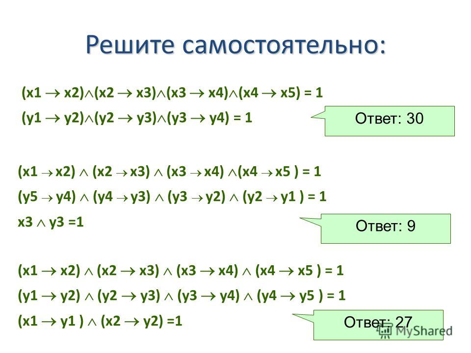 (x1 x2) (x2 x3) (x3 x4) (x4 x5) = 1 (у1 у2) (у2 у3) (у3 у4) = 1 (x1 x2) (x2 x3) (x3 x4) (x4 x5 ) = 1 (y5 y4) (y4 y3) (y3 y2) (y2 y1 ) = 1 x3 y3 =1 Решите самостоятельно: Ответ: 30 Ответ: 9 (x1 x2) (x2 x3) (x3 x4) (x4 x5 ) = 1 (y1 y2) (y2 y3) (y3 y4) 