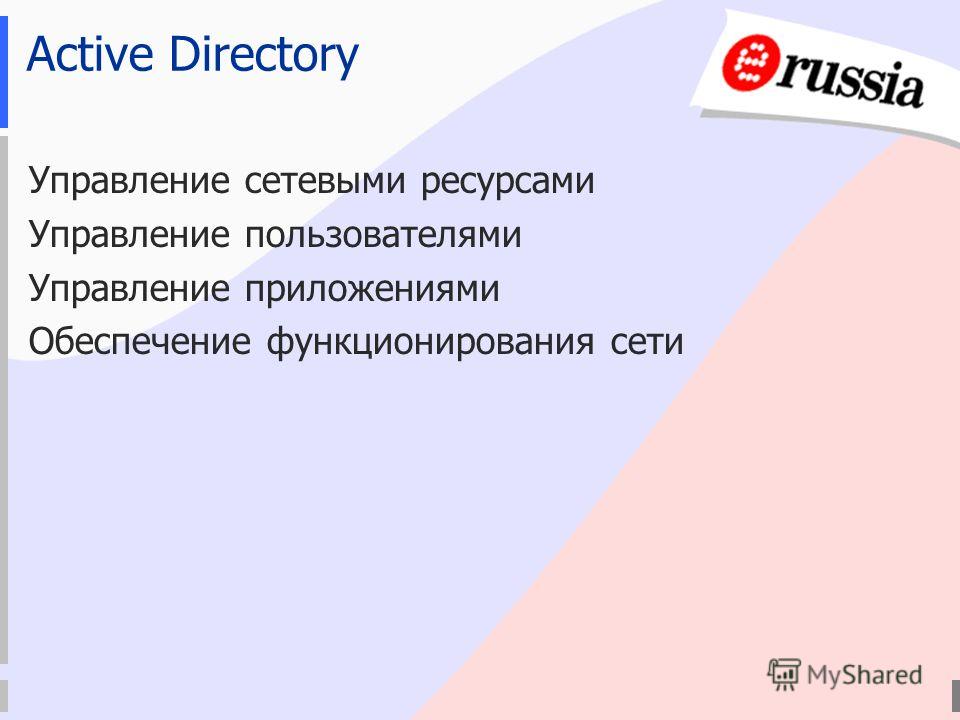 Active Directory Управление сетевыми ресурсами Управление пользователями Управление приложениями Обеспечение функционирования сети