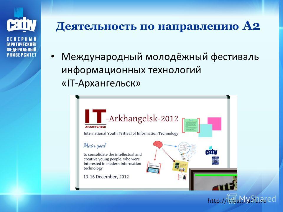 Деятельность по направлению А2 Международный молодёжный фестиваль информационных технологий «IT-Архангельск» http://itfest.narfu.ru