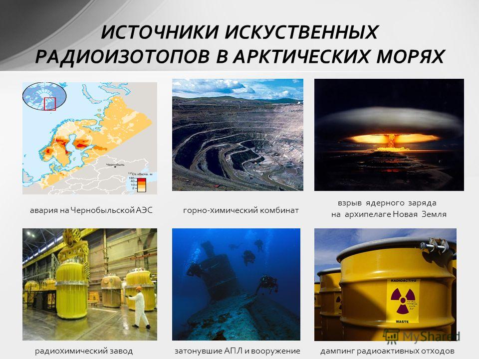 ИСТОЧНИКИ ИСКУСТВЕННЫХ РАДИОИЗОТОПОВ В АРКТИЧЕСКИХ МОРЯХ взрыв ядерного заряда на архипелаге Новая Земля горно-химический комбинатавария на Чернобыльской АЭС радиохимический заводдампинг радиоактивных отходовзатонувшие АПЛ и вооружение