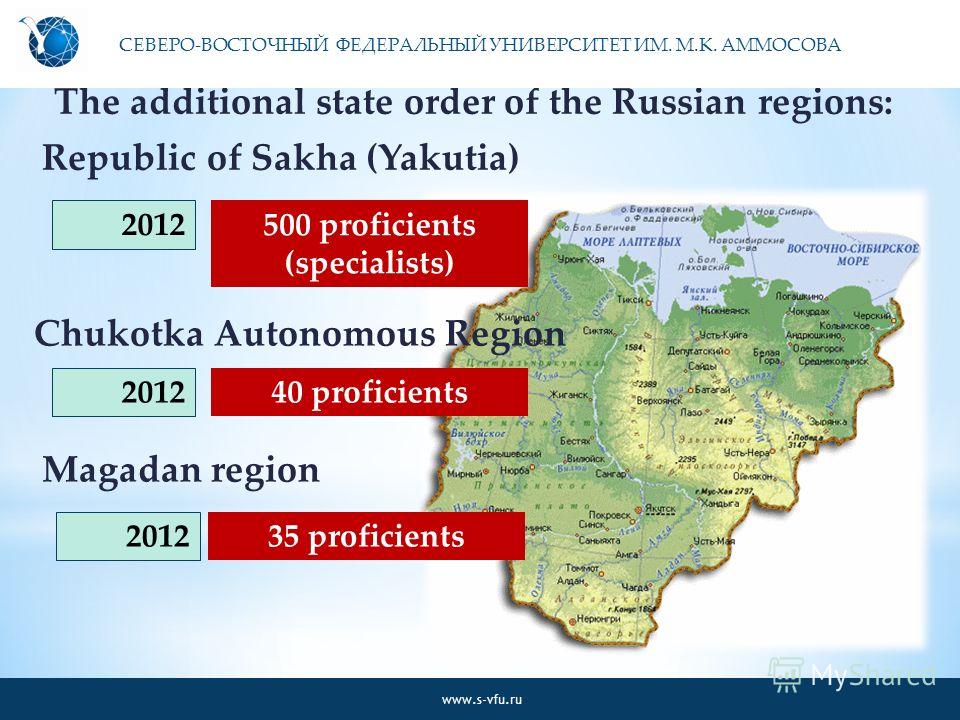 2012 500 proficients (specialists) 35 proficients 2012 40 proficients The additional state order of the Russian regions: СЕВЕРО-ВОСТОЧНЫЙ ФЕДЕРАЛЬНЫЙ УНИВЕРСИТЕТ ИМ. М.К. АММОСОВА www.s-vfu.ru Chukotka Autonomous Region Magadan region Republic of Sak