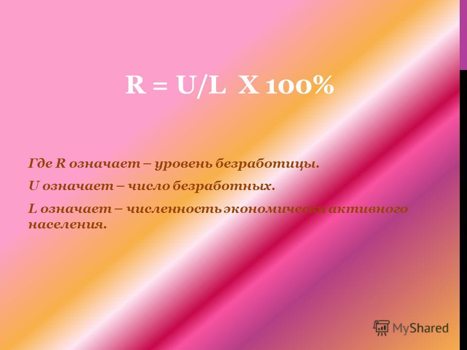 R = U/L Х 100% Где R означает – уровень безработицы. U означает – число безработных. L означает – численность экономически активного населения.