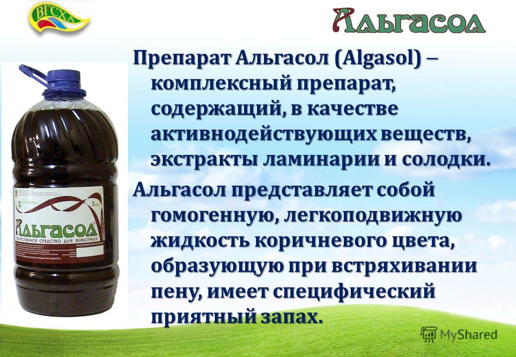 Препарат Альгасол (Algasol) комплексный препарат, содержащий, в качестве активнодействующих веществ, экстракты ламинарии и солодки. Альгасол представляет собой гомогенную, легкоподвижную жидкость коричневого цвета, образующую при встряхивании пену, и