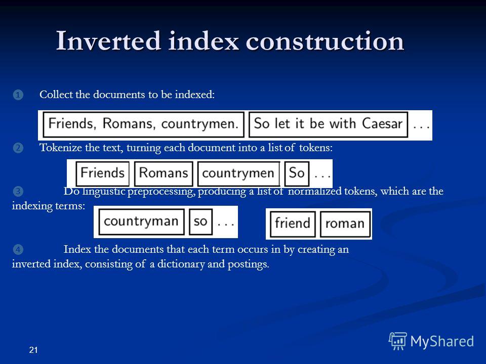 Inverted index construction Collect the documents to be indexed: Tokenize the text, turning each document into a list of tokens: Do linguistic preprocessing, producing a list of normalized tokens, which are the indexing terms: Index the documents tha