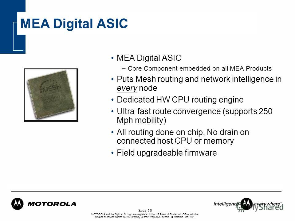 MOTOROLA and the Stylized M Logo are registered in the US Patent & Trademark Office. All other product or service names are the property of their respective owners. © Motorola, Inc. 2001. Slide 10 MEA Digital ASIC –Core Component embedded on all MEA 
