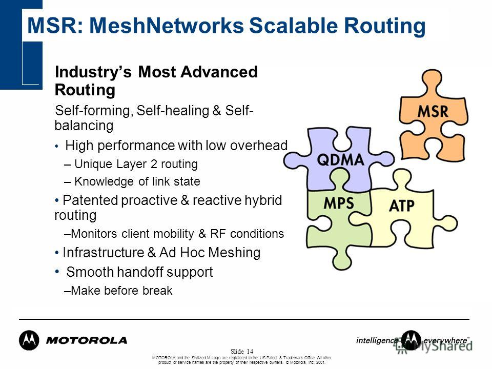 MOTOROLA and the Stylized M Logo are registered in the US Patent & Trademark Office. All other product or service names are the property of their respective owners. © Motorola, Inc. 2001. Slide 14 MSR: MeshNetworks Scalable Routing Industrys Most Adv