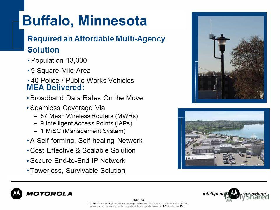 MOTOROLA and the Stylized M Logo are registered in the US Patent & Trademark Office. All other product or service names are the property of their respective owners. © Motorola, Inc. 2001. Slide 24 Buffalo, Minnesota MEA Delivered: Broadband Data Rate