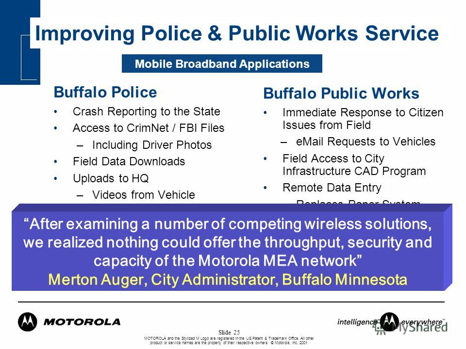 MOTOROLA and the Stylized M Logo are registered in the US Patent & Trademark Office. All other product or service names are the property of their respective owners. © Motorola, Inc. 2001. Slide 25 Improving Police & Public Works Service Buffalo Publi