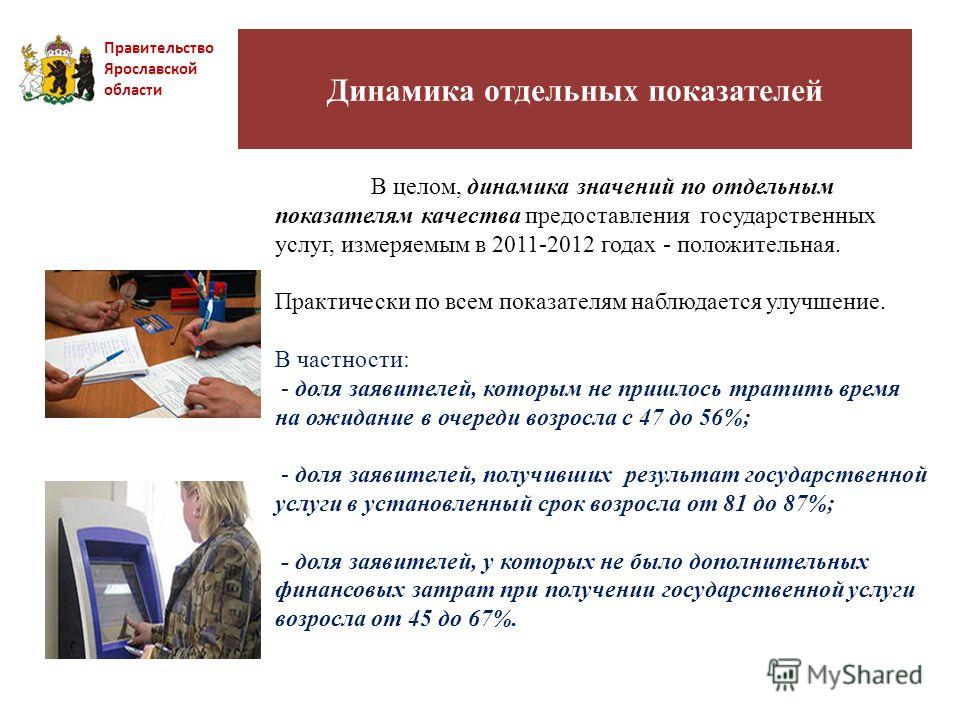 Динамика отдельных показателей Правительство Ярославской области В целом, динамика значений по отдельным показателям качества предоставления государственных услуг, измеряемым в 2011-2012 годах - положительная. Практически по всем показателям наблюдае