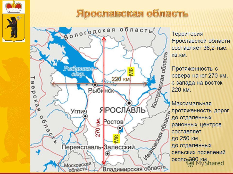 Территория Ярославской области составляет 36,2 тыс. кв.км. Протяженность с севера на юг 270 км, с запада на восток 220 км. Максимальная протяженность дорог до отдаленных районных центров составляет до 250 км., до отдаленных сельских поселений около 3