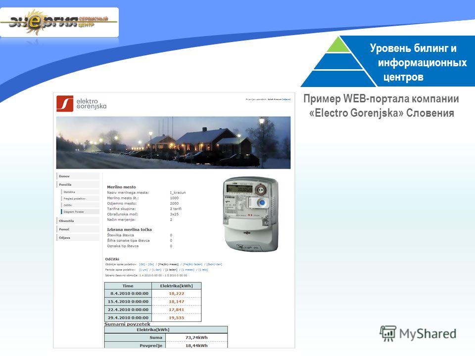 Уровень билинг и информационных центров Пример WEB-портала компании «Electro Gorenjska» Словения