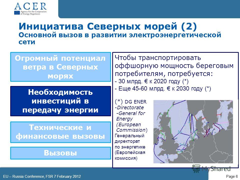 EU – Russia Conference, FSR 7 February 2012Page 6 Инициатива Северных морей (2) Основной вызов в развитии электроэнергетической сети Огромный потенциал ветра в Северных морях Чтобы транспортировать оффшорную мощность береговым потребителям, потребует