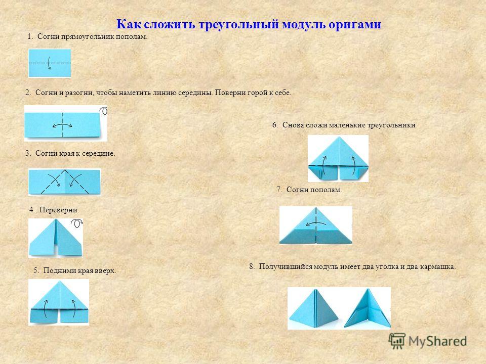 Как сложить треугольный модуль оригами 1. Согни прямоугольник пополам. 2. Согни и разогни, чтобы наметить линию середины. Поверни горой к себе. 3. Согни края к середине. 4. Переверни. 5. Подними края вверх. 6. Снова сложи маленькие треугольники 7. Со