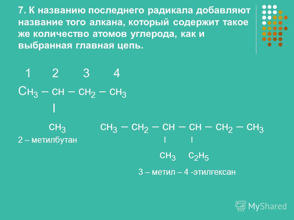7. К названию последнего радикала добавляют название того алкана, который содержит такое же количество атомов углерода, как и выбранная главная цепь. 1 2 3 4 Сн 3 – сн – сн 2 – сн 3 І сн 3 сн 3 – сн 2 – сн – сн – сн 2 – сн 3 2 – метилбутан І І сн 3 с