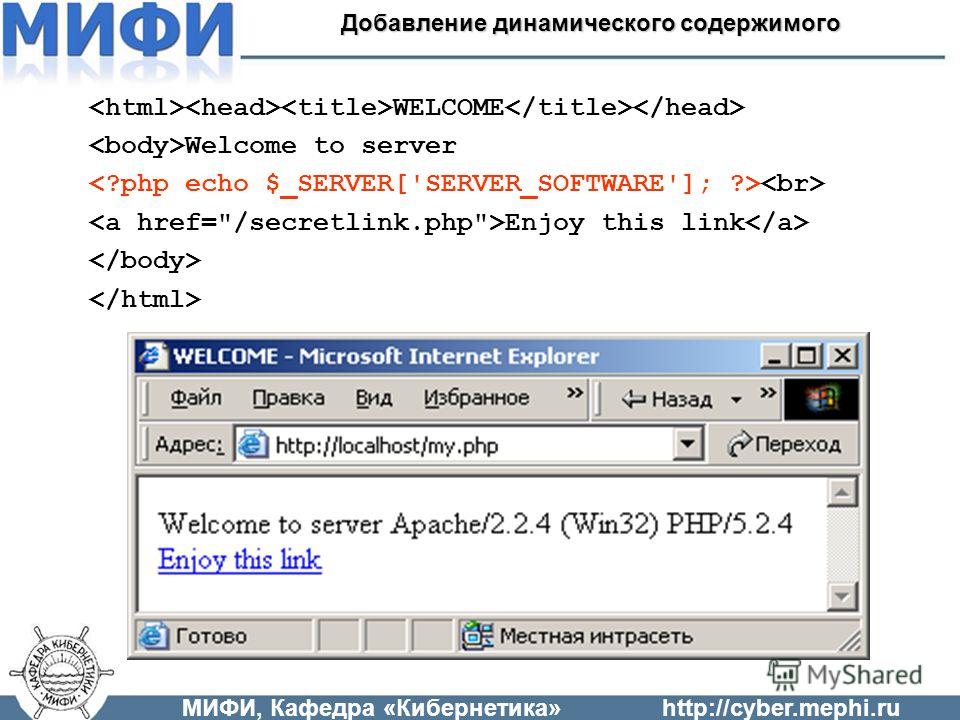 WELCOME Welcome to server Enjoy this link МИФИ, Кафедра «Кибернетика»http://cyber.mephi.ru Добавление динамического содержимого