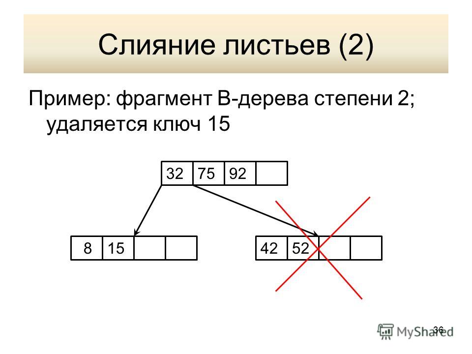 Слияние листьев (2) Пример: фрагмент В-дерева степени 2; удаляется ключ 15 3275 8154252 92 36