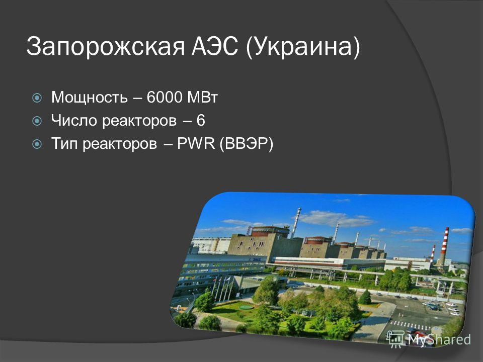 Запорожская АЭС (Украина) Мощность – 6000 МВт Число реакторов – 6 Тип реакторов – PWR (ВВЭР)
