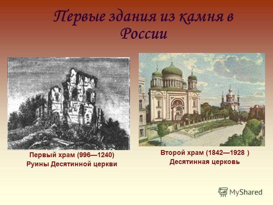 Первые здания из камня в России Первый храм (9961240) Руины Десятинной церкви Второй храм (18421928 ) Десятинная церковь