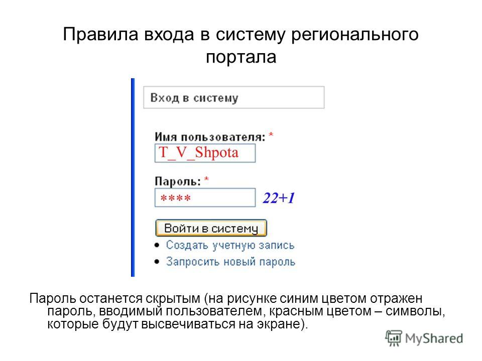 Правила входа в систему регионального портала Пароль останется скрытым (на рисунке синим цветом отражен пароль, вводимый пользователем, красным цветом – символы, которые будут высвечиваться на экране).