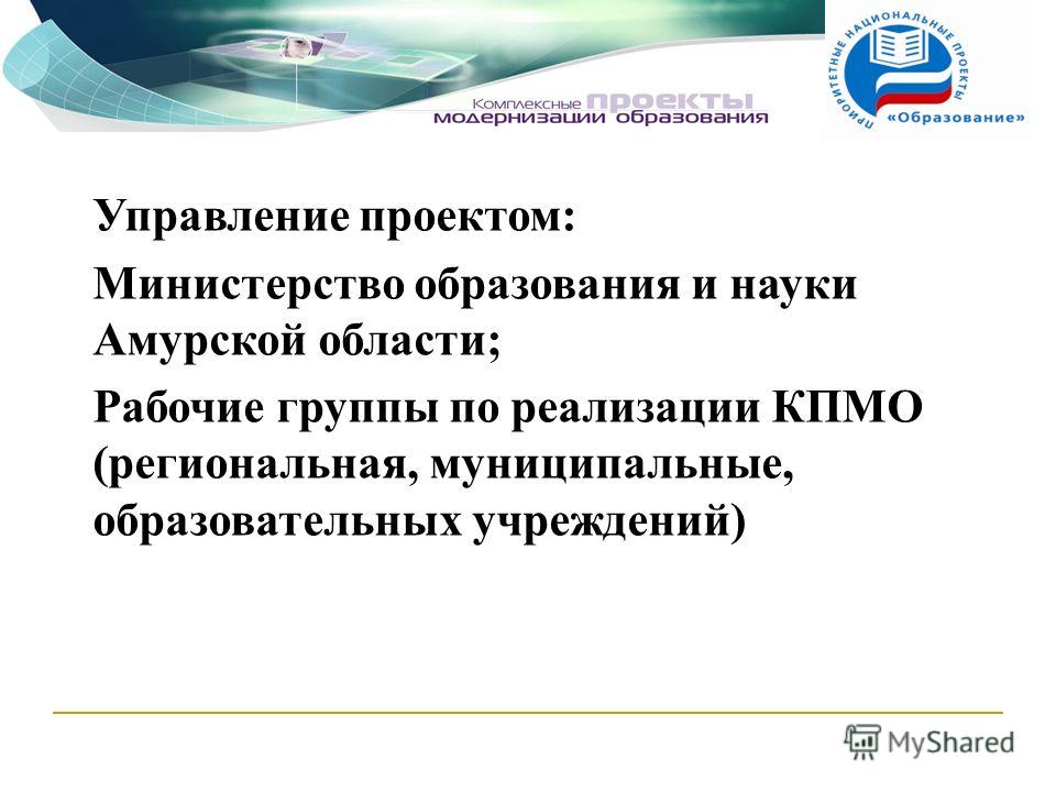 Управление проектом: Министерство образования и науки Амурской области; Рабочие группы по реализации КПМО (региональная, муниципальные, образовательных учреждений)