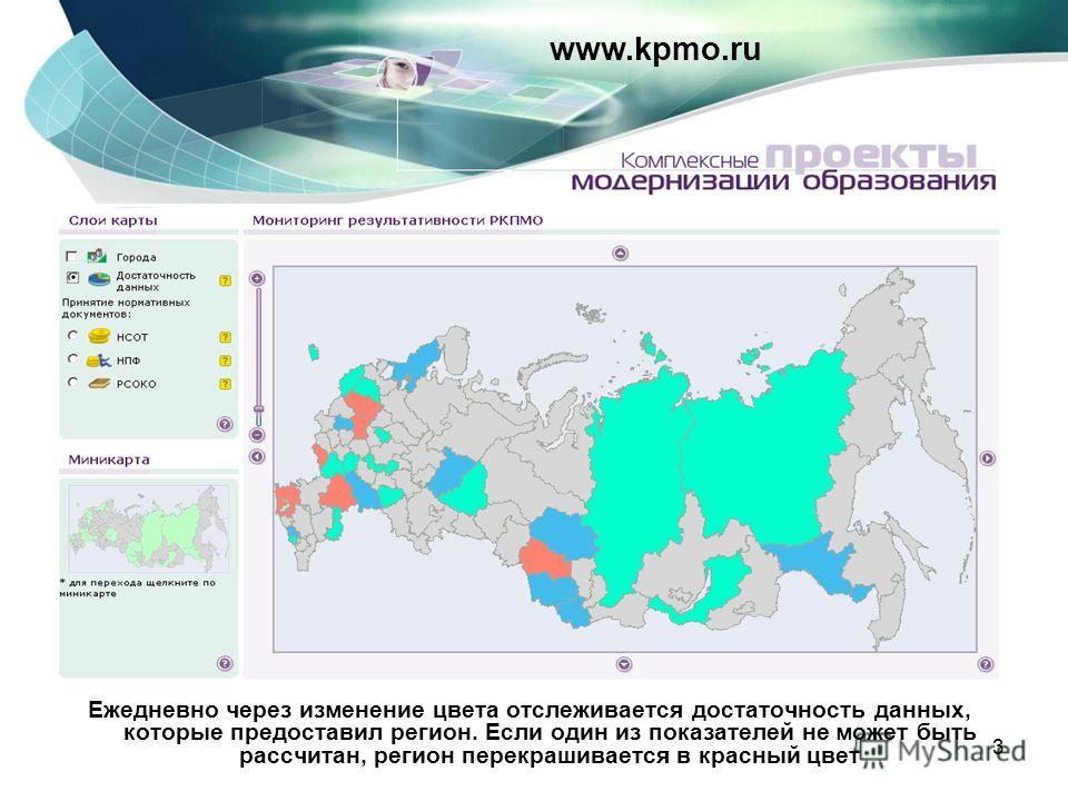 3 Ежедневно через изменение цвета отслеживается достаточность данных, которые предоставил регион. Если один из показателей не может быть рассчитан, регион перекрашивается в красный цвет www.kpmo.ru