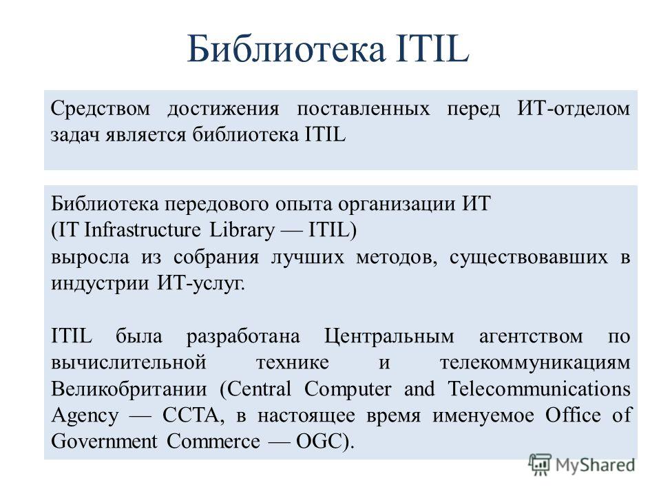 Библиотека передового опыта организации ИТ (IT Infrastructure Library ITIL) выросла из собрания лучших методов, существовавших в индустрии ИТ-услуг. ITIL была разработана Центральным агентством по вычислительной технике и телекоммуникациям Великобрит