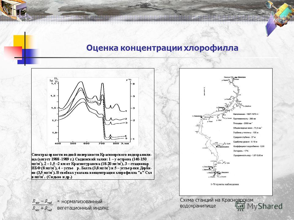 Оценка концентрации хлорофилла - нормализованный вегетационный индекс Схема станций на Красноярском водохранилище