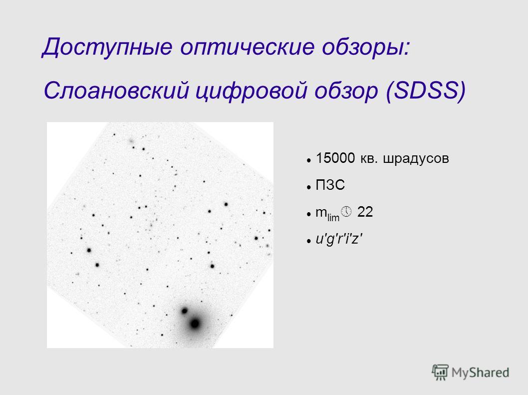 Доступные оптические обзоры: Слоановский цифровой обзор (SDSS) 15000 кв. шрадусов ПЗС m lim 22 u'g'r'i'z'