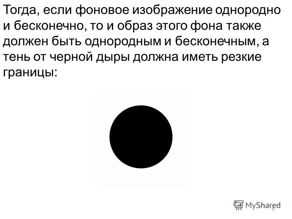 6 Тогда, если фоновое изображение однородно и бесконечно, то и образ этого фона также должен быть однородным и бесконечным, а тень от черной дыры должна иметь резкие границы: