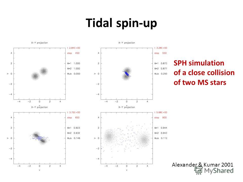 Tidal spin-up Alexander & Kumar 2001 SPH simulation of a close collision of two MS stars