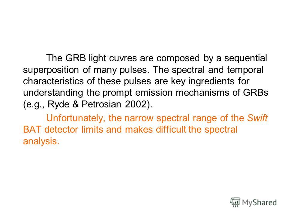 The GRB light cuvres are composed by a sequential superposition of many pulses. The spectral and temporal characteristics of these pulses are key ingredients for understanding the prompt emission mechanisms of GRBs (e.g., Ryde & Petrosian 2002). Unfo