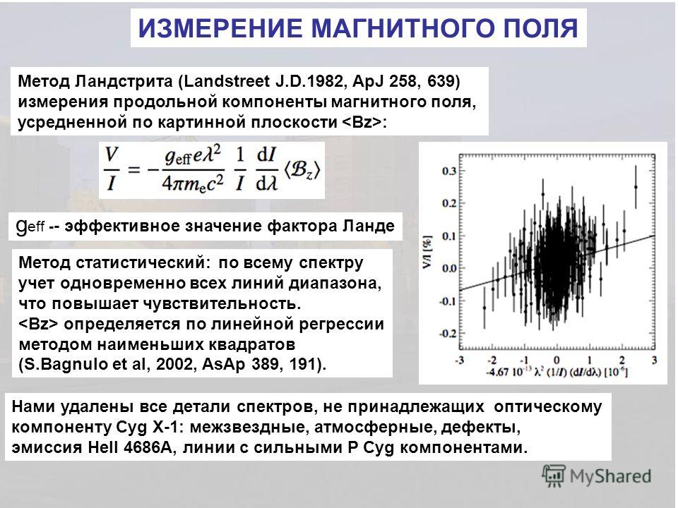ИЗМЕРЕНИЕ МАГНИТНОГО ПОЛЯ Метод Ландстрита (Landstreet J.D.1982, ApJ 258, 639) измерения продольной компоненты магнитного поля, усредненной по картинной плоскости : g eff - - эффективное значение фактора Ланде Метод статистический: по всему спектру у