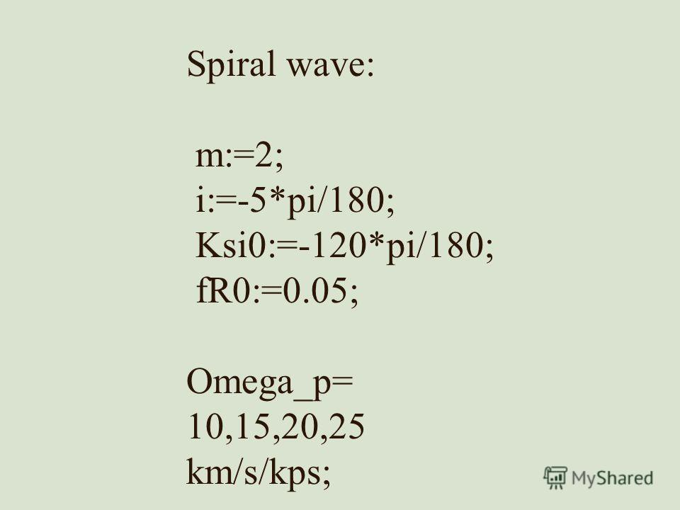 Spiral wave: m:=2; i:=-5*pi/180; Ksi0:=-120*pi/180; fR0:=0.05; Omega_p= 10,15,20,25 km/s/kps;